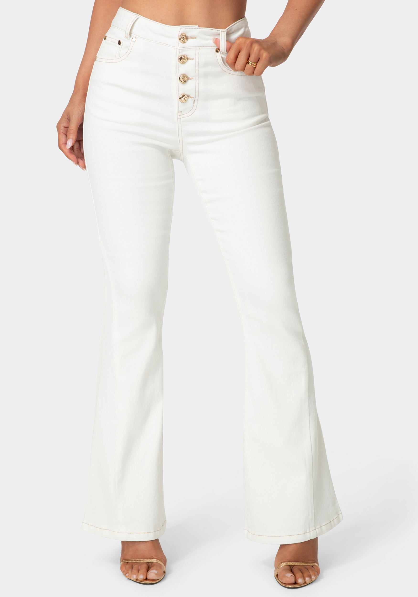 Front View-Natural Waist Flared White Jeans-Soft White Wash