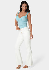 Side View-Natural Waist Flared White Jeans-Soft White Wash
