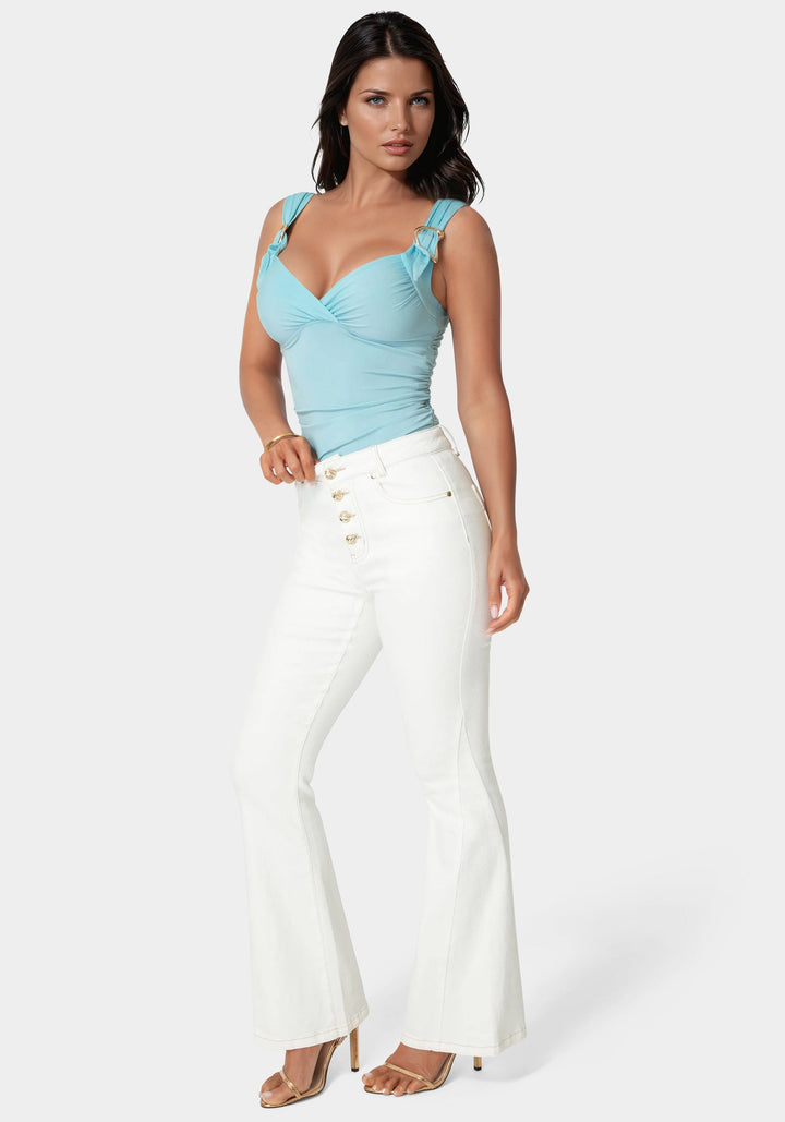 Side View-Natural Waist Flared White Jeans-Soft White Wash