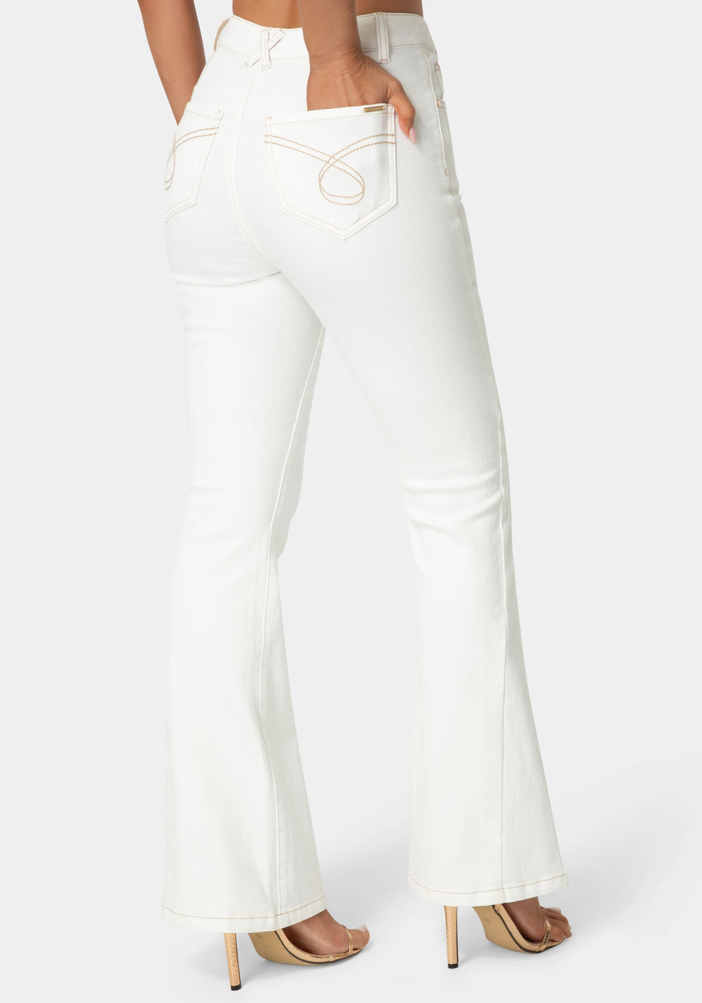 Back View-Natural Waist Flared White Jeans-Soft White Wash