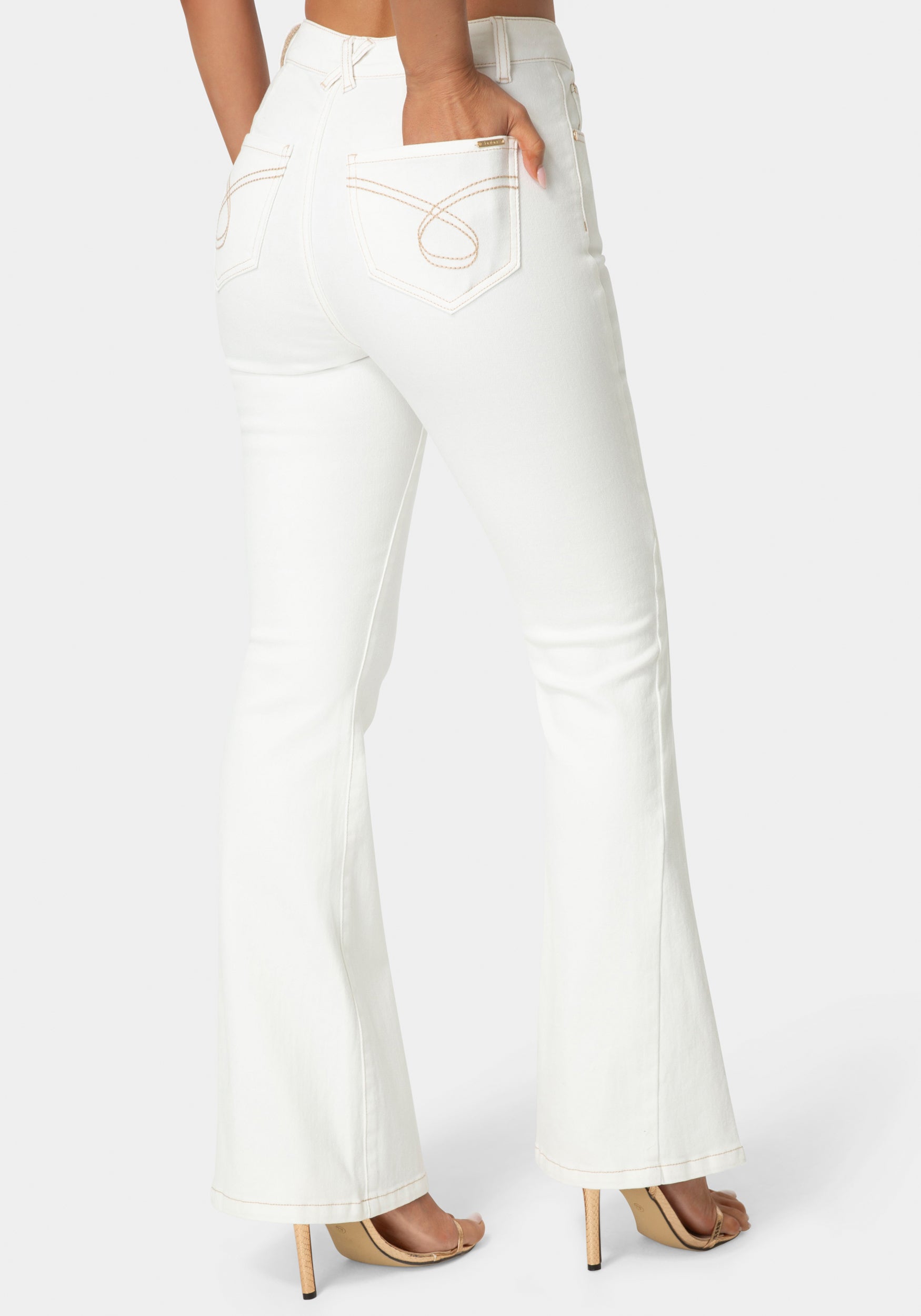 Back View-Natural Waist Flared White Jeans-Soft White Wash
