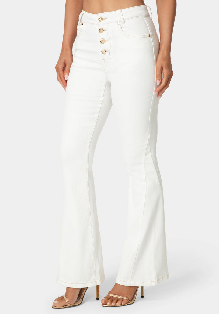 Detail View-Natural Waist Flared White Jeans-Soft White Wash