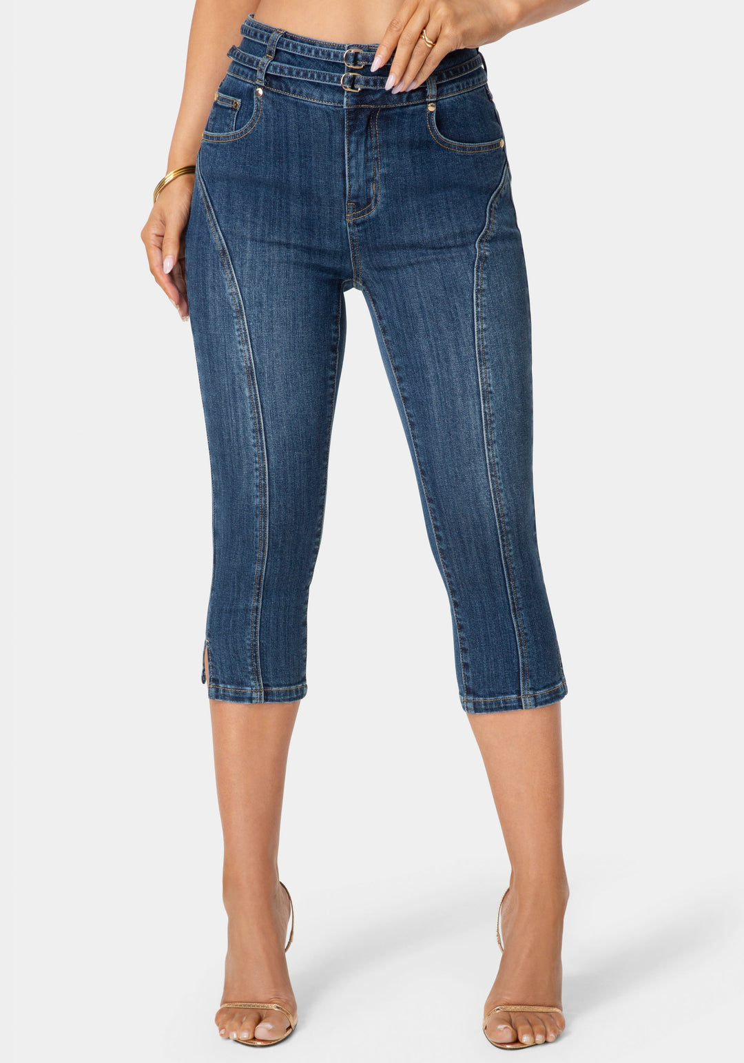 Front View-Double Belted Denim Capri-Blue Obsession Wash