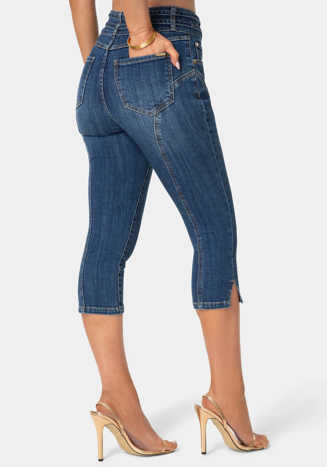 Back View-Double Belted Denim Capri-Blue Obsession Wash