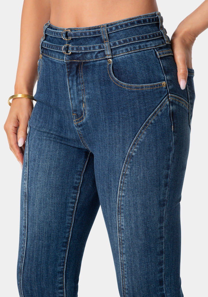 Side View-Double Belted Denim Capri-Blue Obsession Wash