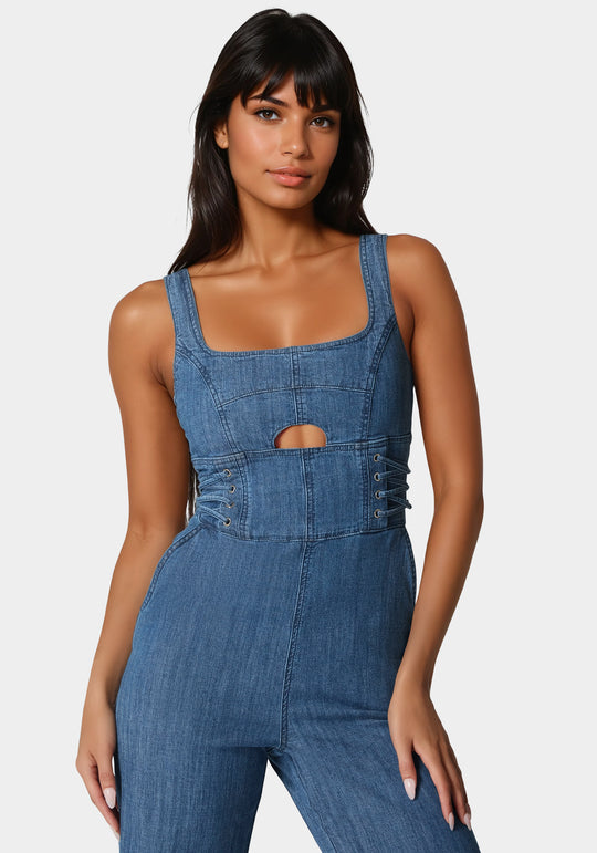 Summer Wide Beige Denim Waist High Leg Jumpsuit Solid