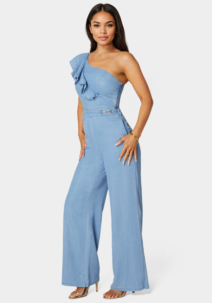 Palazzo Leg One-Shoulder Ruffle Jumpsuit | bebe