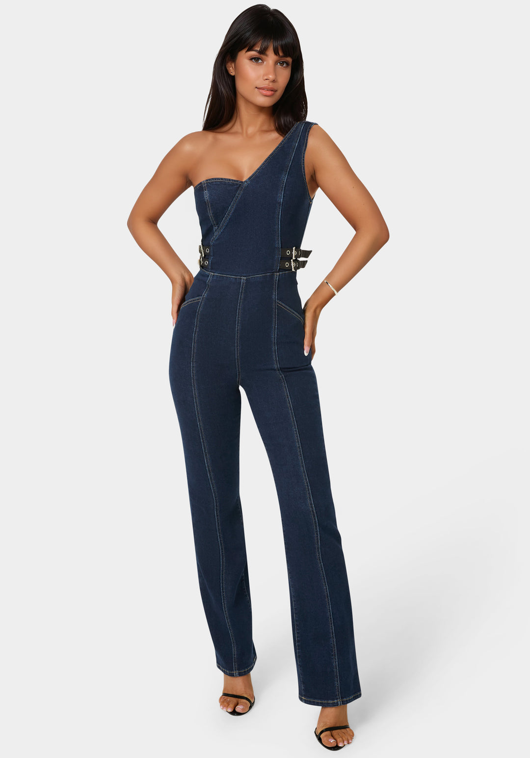 One Shoulder Straight Flare Leg Denim Jumpsuit