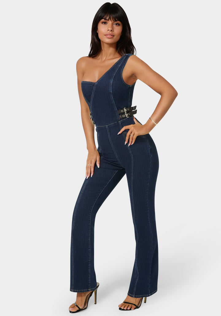 One Shoulder Straight Flare Leg Denim Jumpsuit