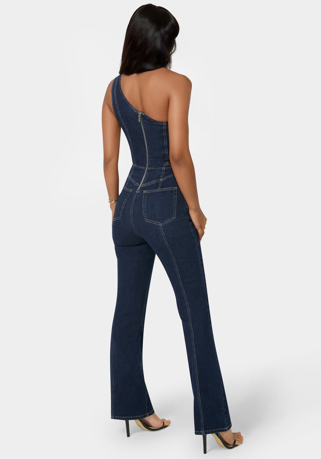 One Shoulder Straight Flare Leg Denim Jumpsuit