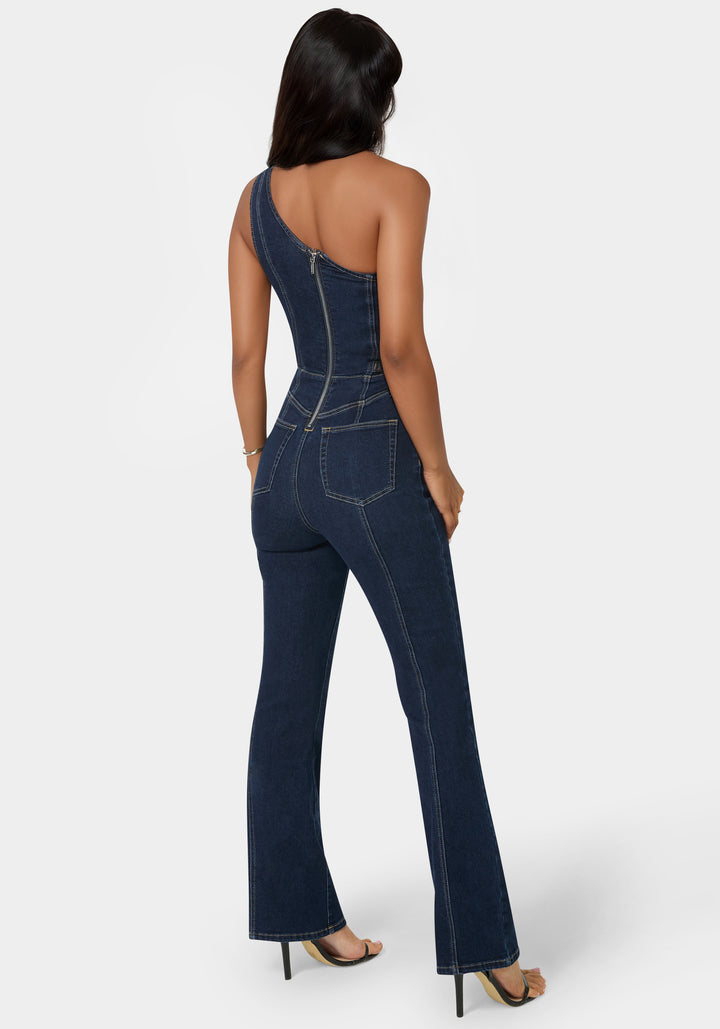 One Shoulder Straight Flare Leg Denim Jumpsuit