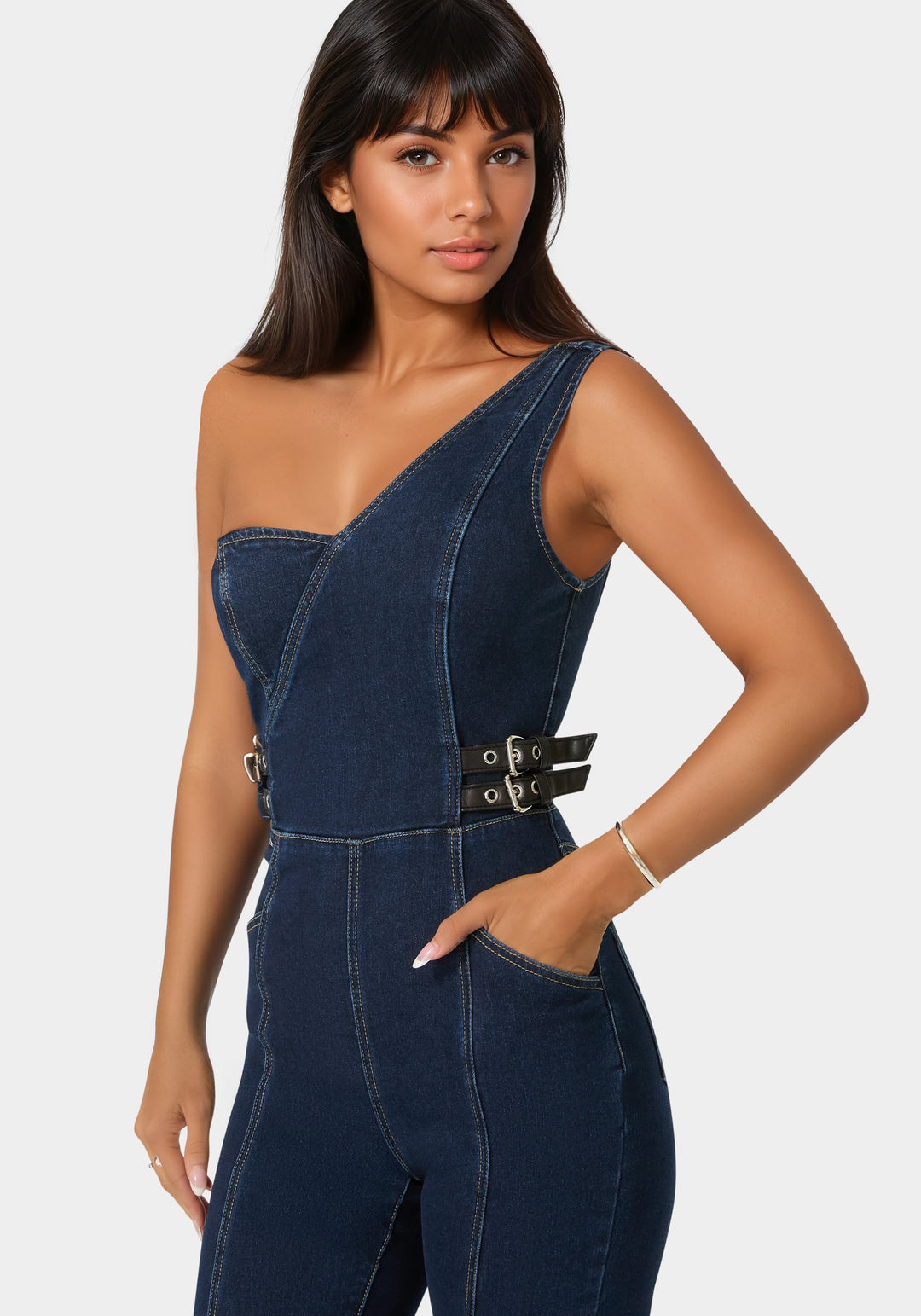 One Shoulder Straight Flare Leg Denim Jumpsuit