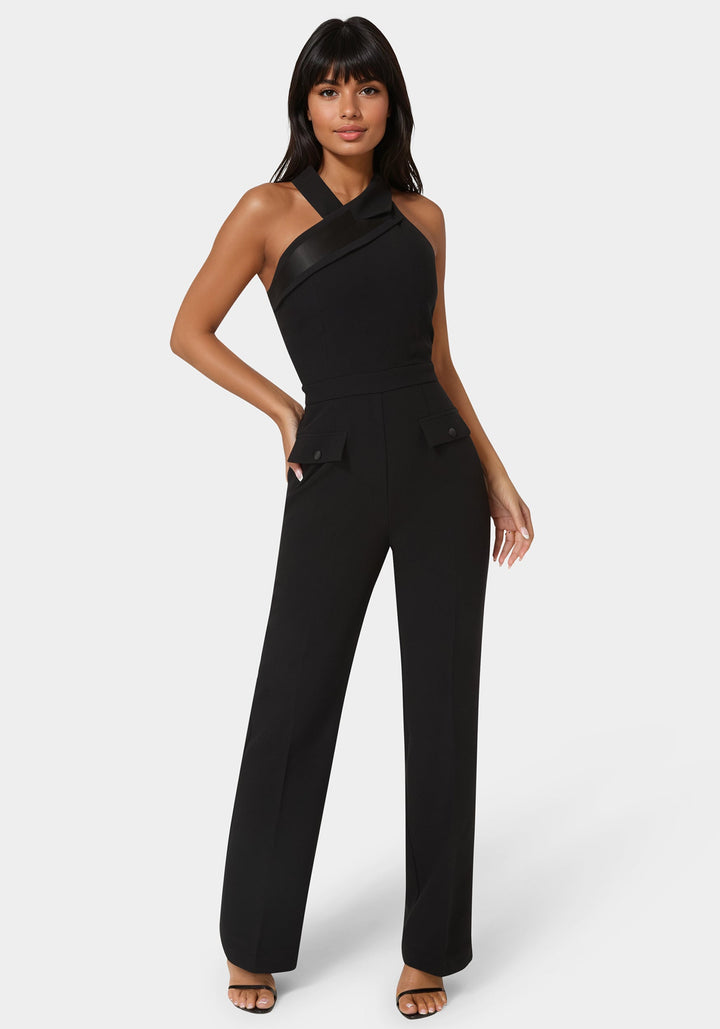 Front View-Tuxedo Straight Flared Leg Jumpsuit-Black
