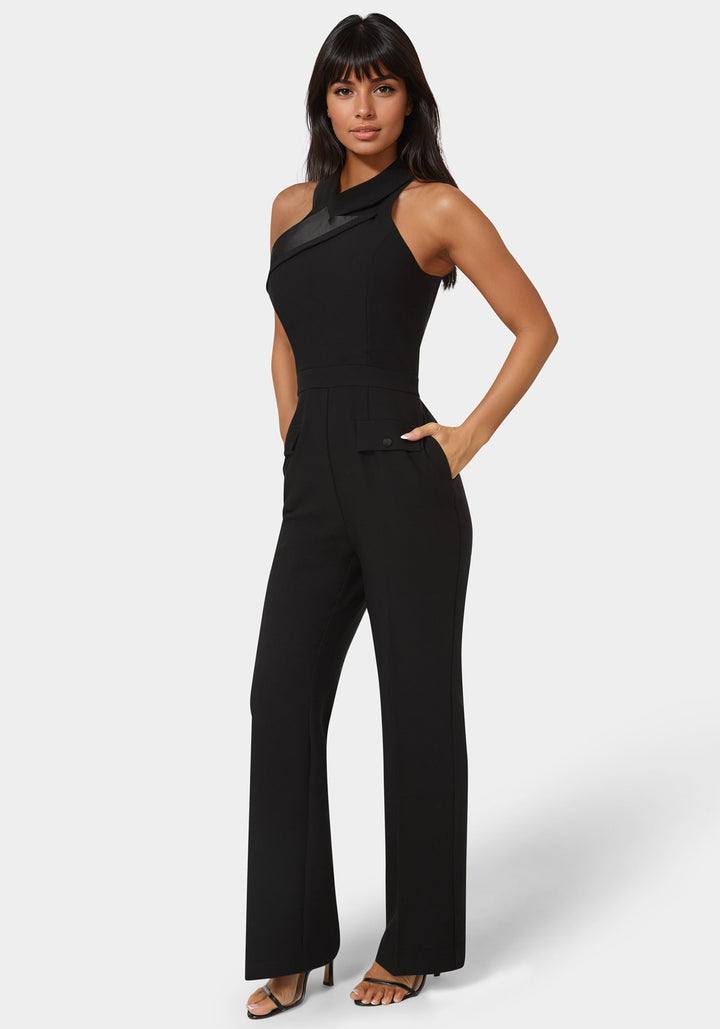 Side View-Tuxedo Straight Flared Leg Jumpsuit-Black