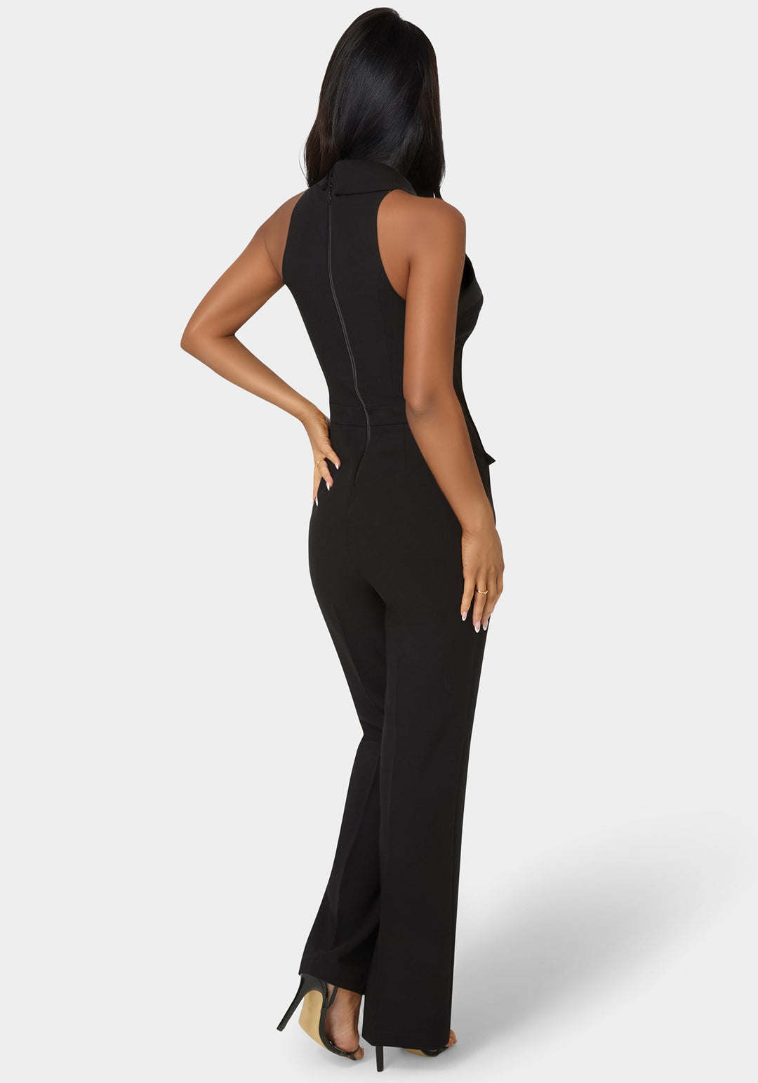 Back View-Tuxedo Straight Flared Leg Jumpsuit-Black