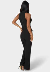 Back View-Tuxedo Straight Flared Leg Jumpsuit-Black