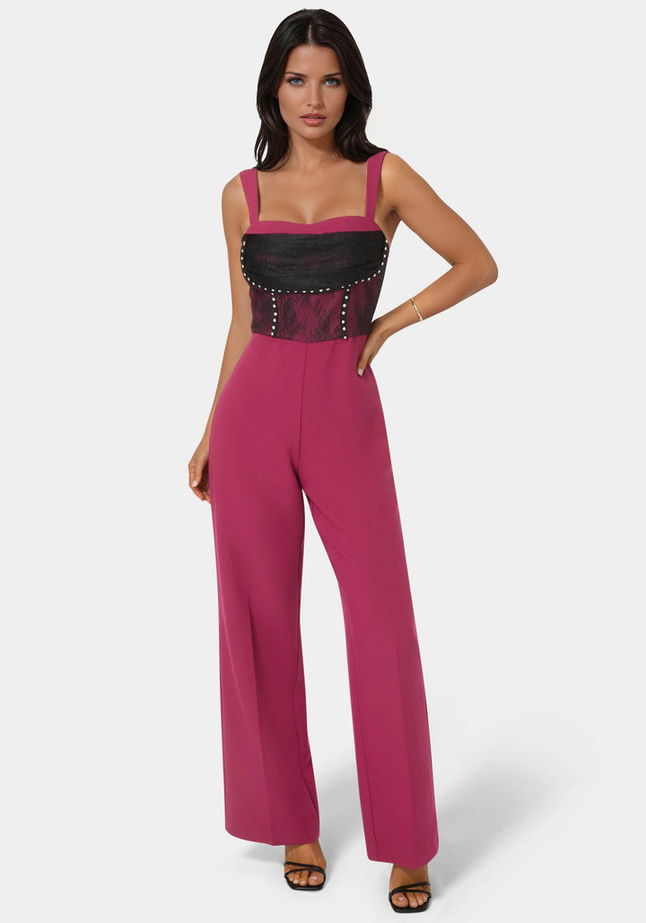 Front View-Lace Piecing Corset Jumpsuit-BERRY KISS