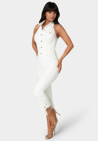 Front View-Ankle Lenght Bootcut Denim Jumpsuit-Soft White Wash