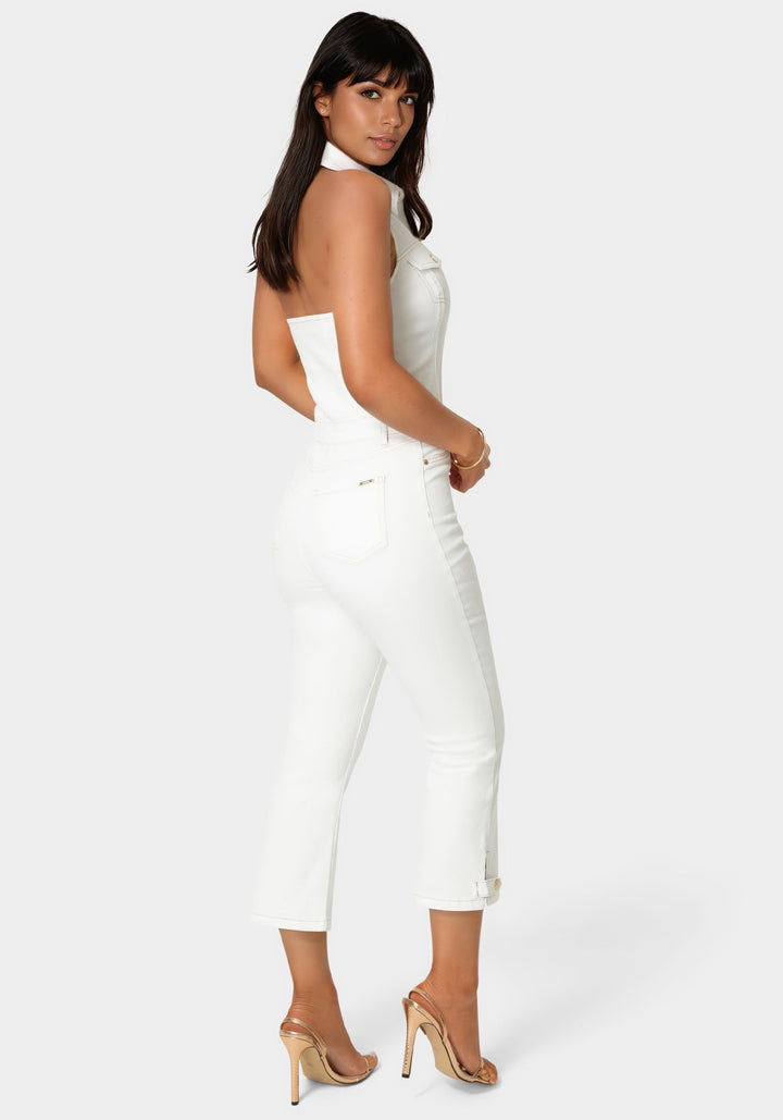 Back View-Ankle Lenght Bootcut Denim Jumpsuit-Soft White Wash