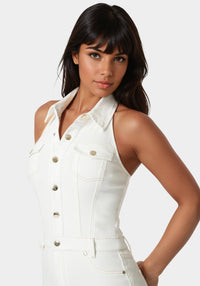 Side View-Ankle Lenght Bootcut Denim Jumpsuit-Soft White Wash