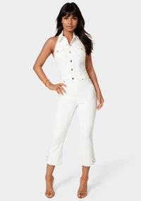 Detail View-Ankle Lenght Bootcut Denim Jumpsuit-Soft White Wash