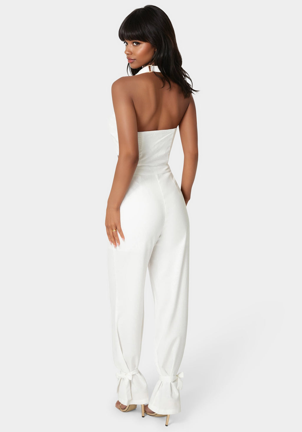 Back View-Tailored Vest Style Halter Jumpsuit-White Alyssum