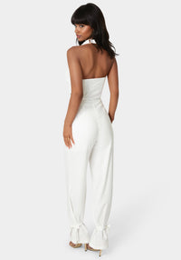 Back View-Tailored Vest Style Halter Jumpsuit-White Alyssum