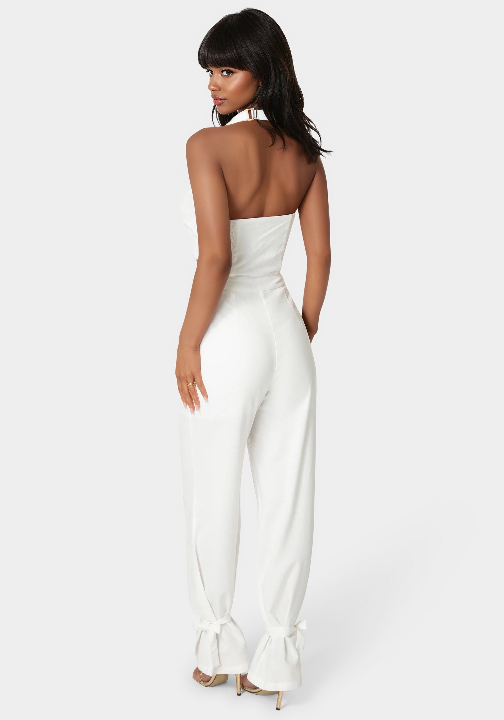 Back View-Tailored Vest Style Halter Jumpsuit-White Alyssum
