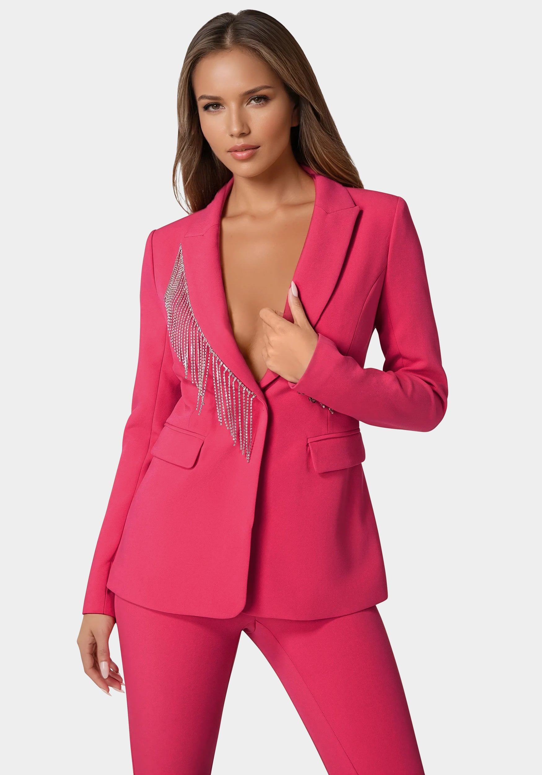 Rhinestone Fringe Tailored Blazer Raspberry - bebe