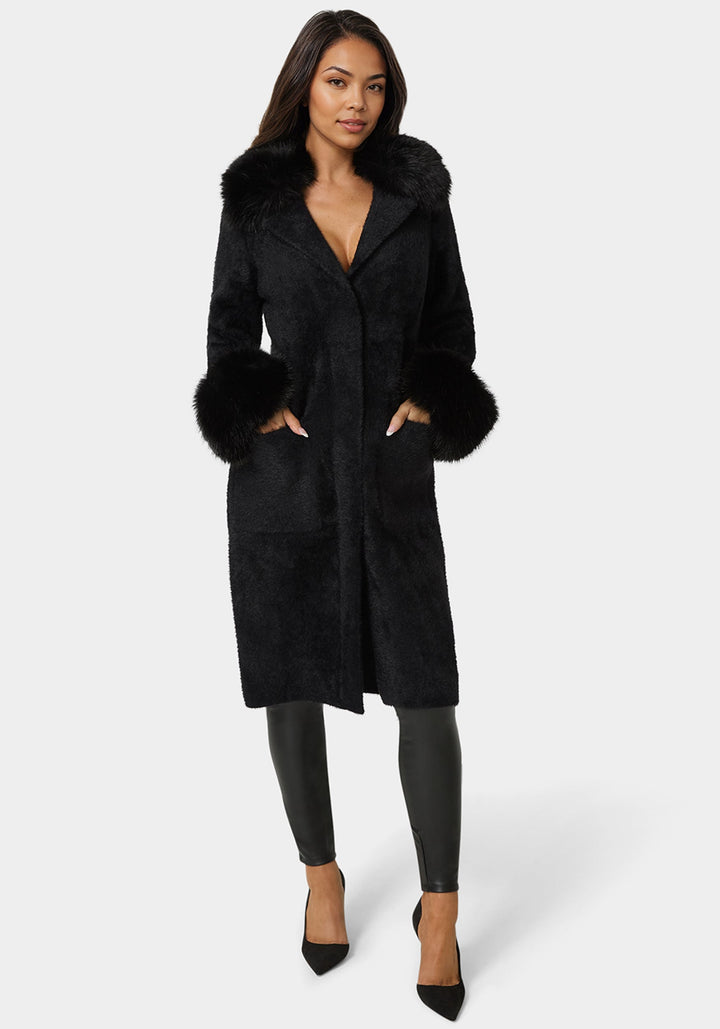 Front View-Faux Fur Collar And Cuff Long Coat-Black
