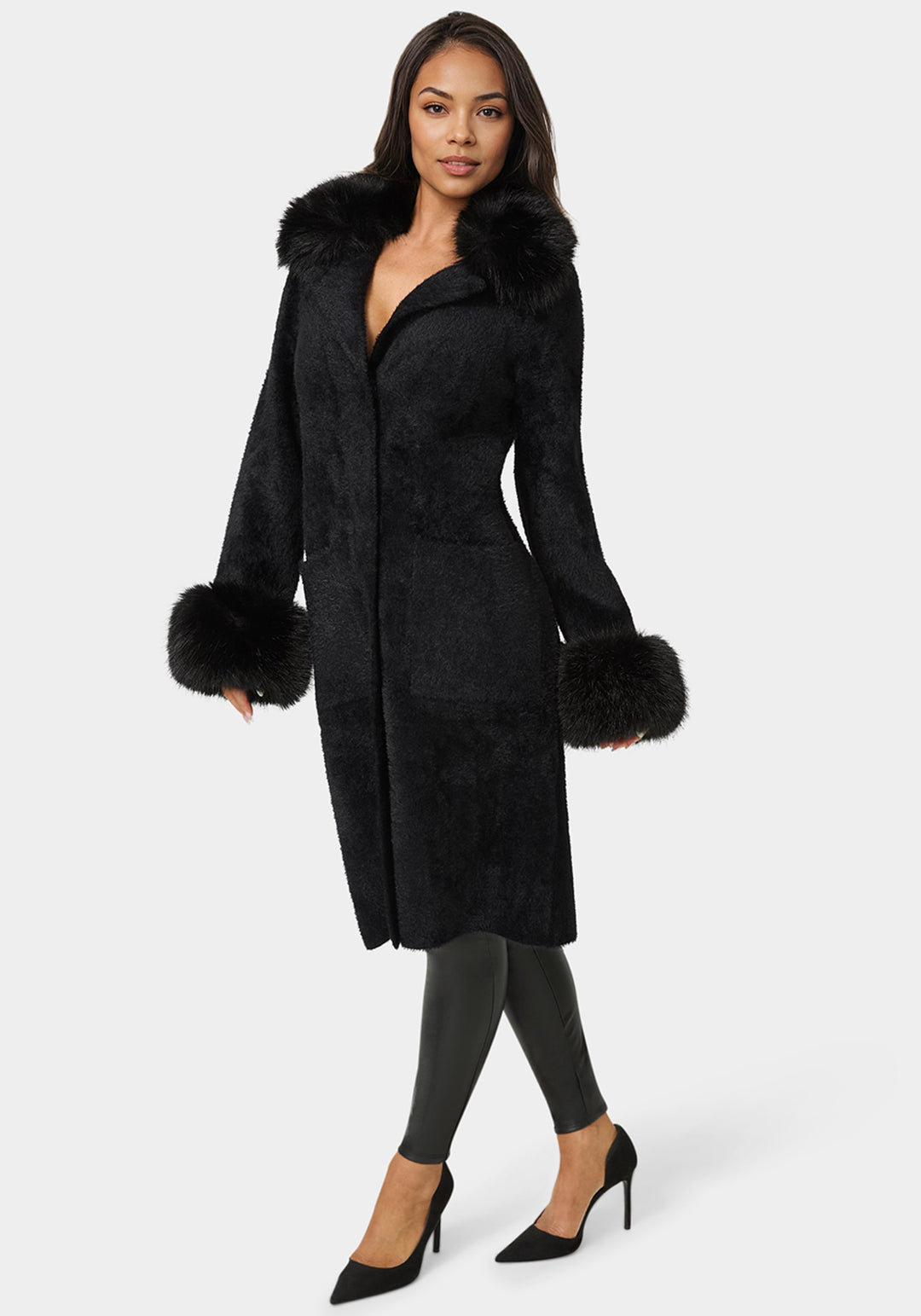 Detail View-Faux Fur Collar And Cuff Long Coat-Black