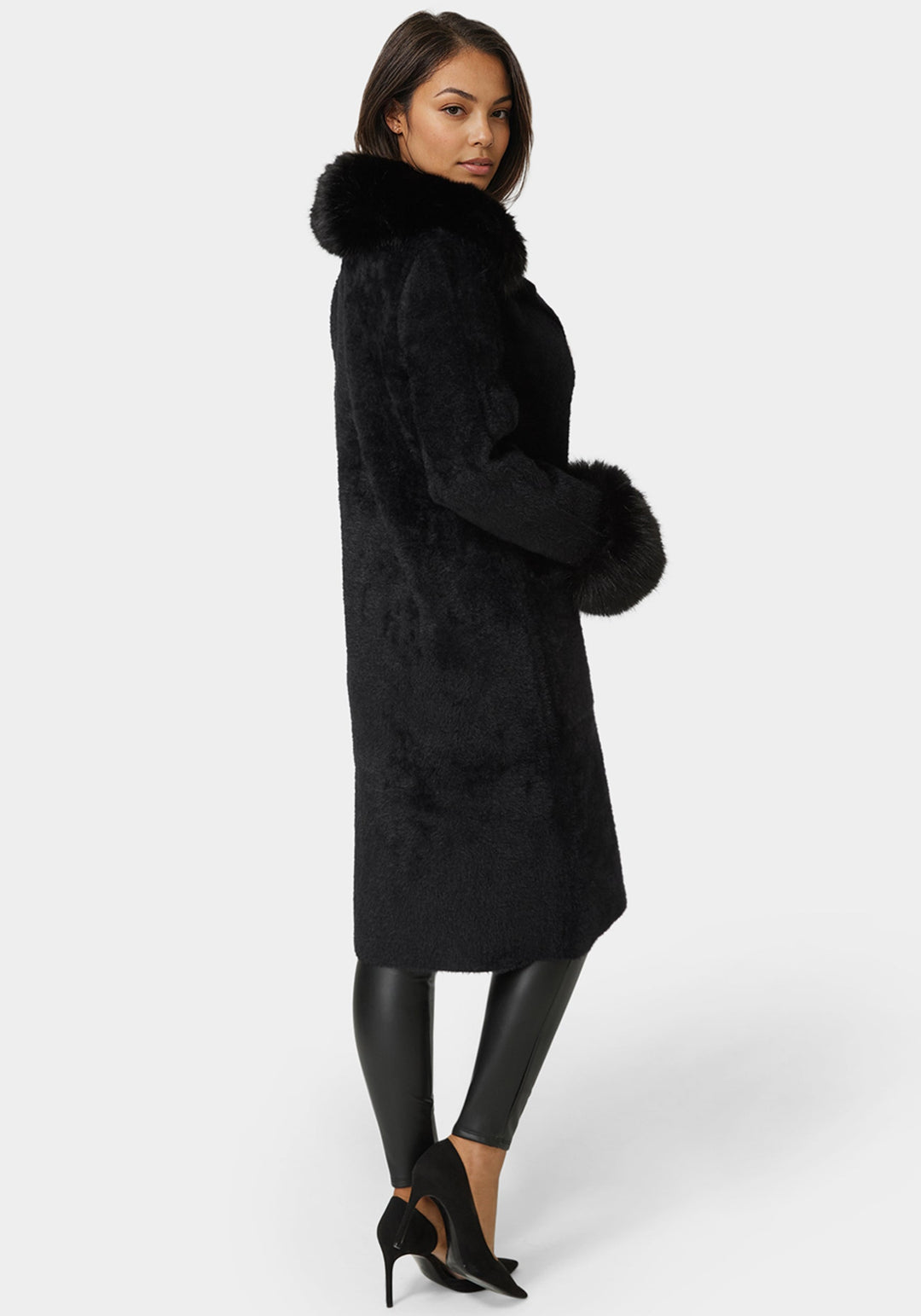 Side View-Faux Fur Collar And Cuff Long Coat-Black
