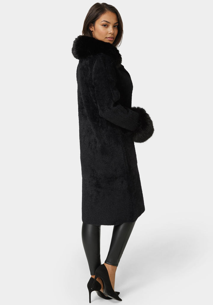 Side View-Faux Fur Collar And Cuff Long Coat-Black