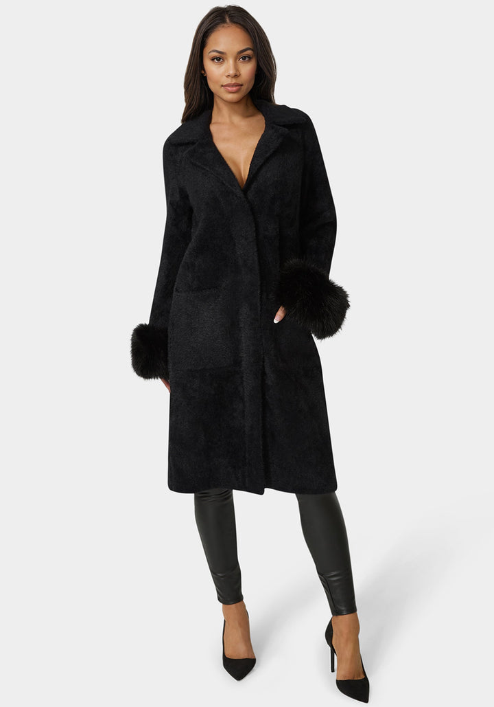 Back View-Faux Fur Collar And Cuff Long Coat-Black