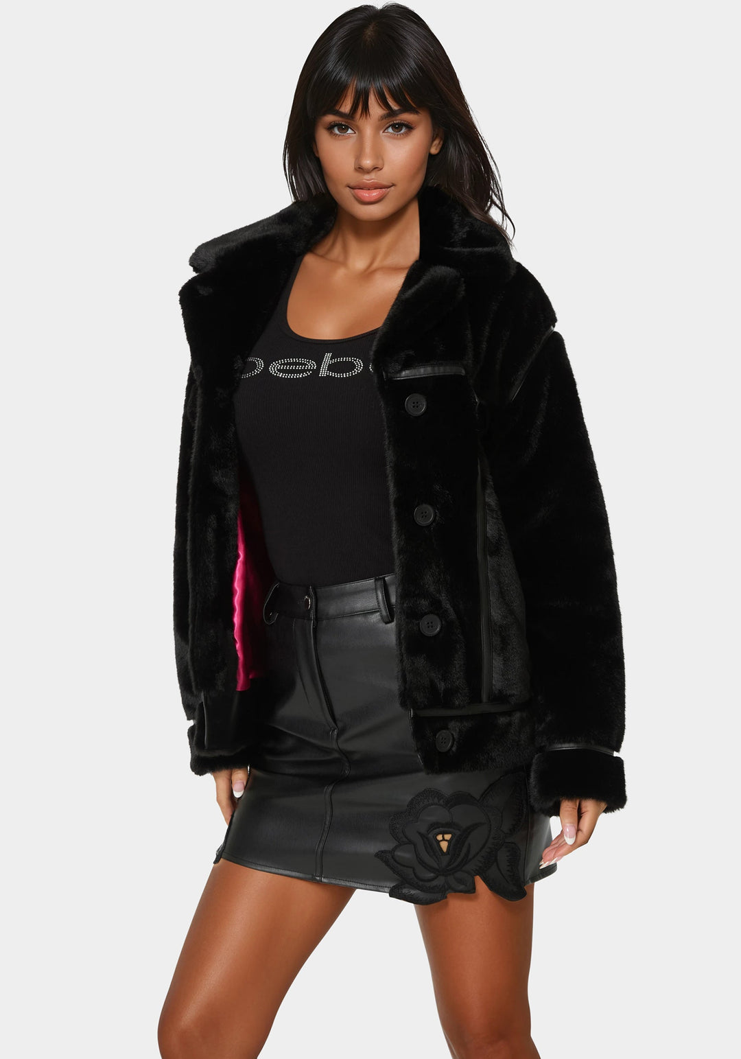 Detail View-Vegan Leather Trim Faux Fur Jacket-Black