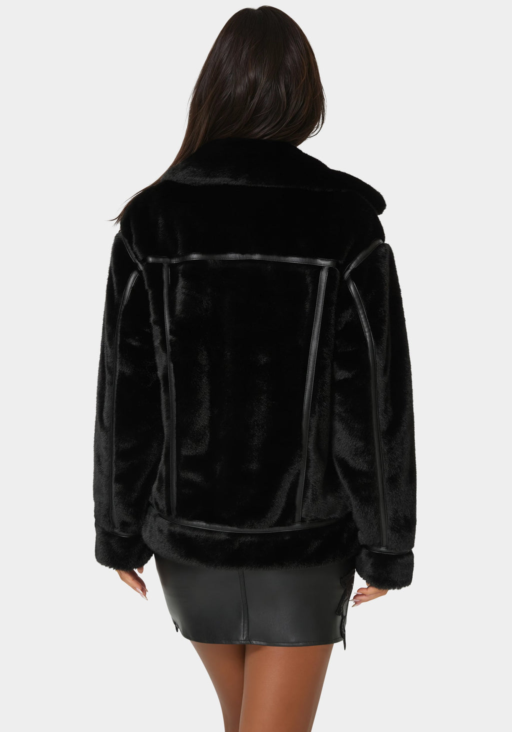 Side View-Vegan Leather Trim Faux Fur Jacket-Black