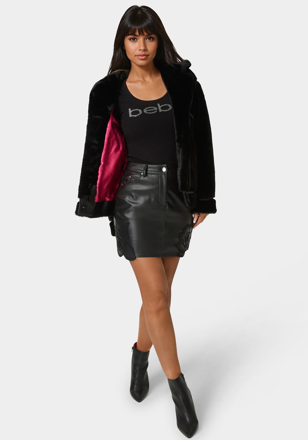 Back View-Vegan Leather Trim Faux Fur Jacket-Black