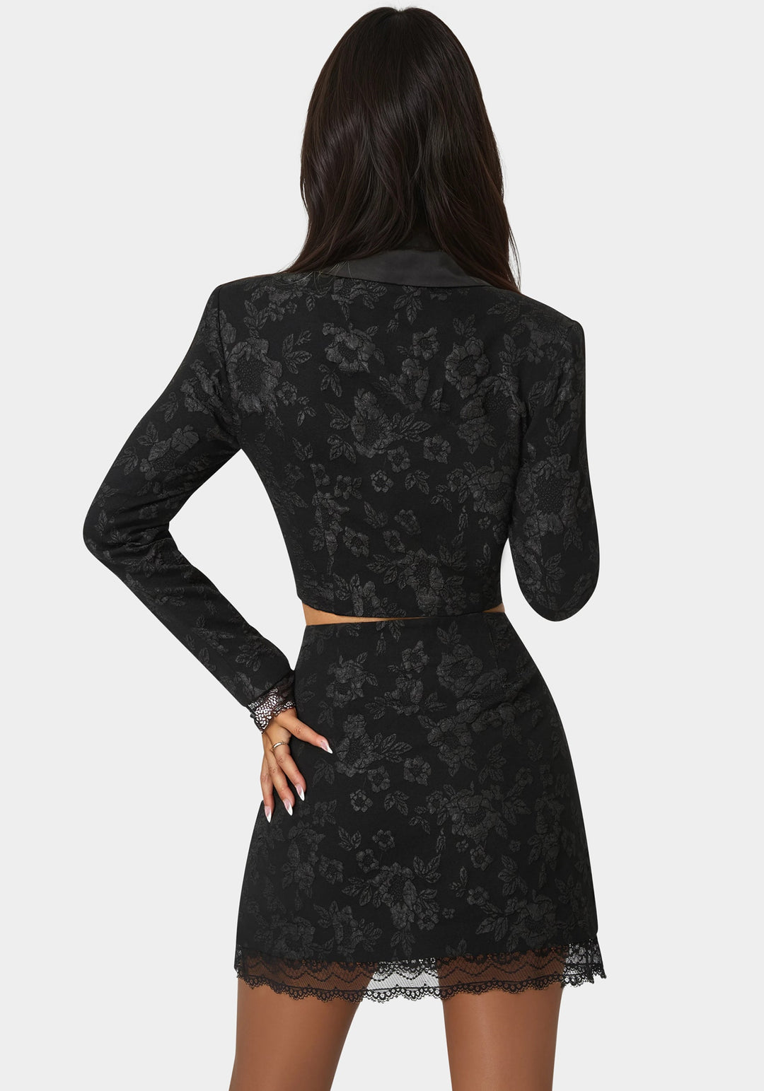 Back View-Tailored Floral Jacquard Blazer-Black