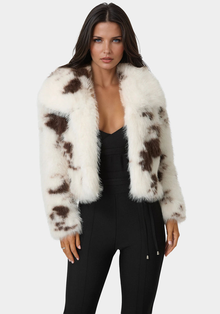 Front View-Faux Fur Animal Print Short Jacket-ANIMAL PRINT