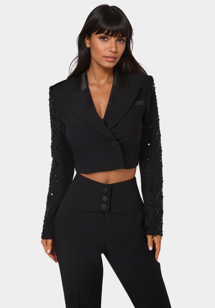 Front View-Tailored Beaded Sleeves Cropped Blazer-BLACK