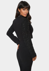 Back View-Tailored Beaded Sleeves Cropped Blazer-BLACK