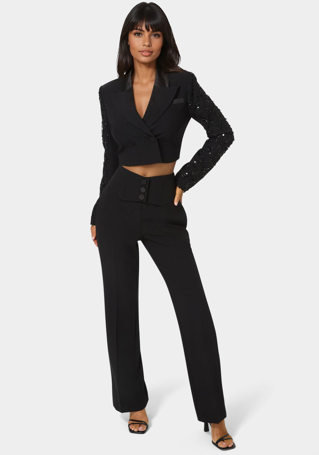 Detail View-Tailored Beaded Sleeves Cropped Blazer-BLACK
