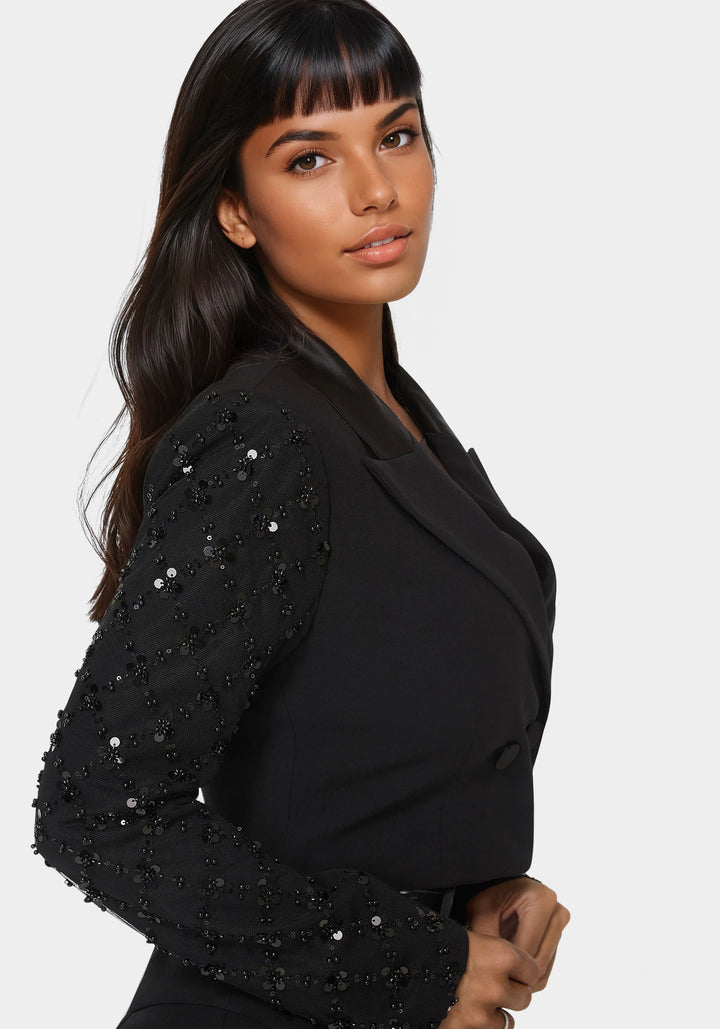 Side View-Tailored Beaded Sleeves Cropped Blazer-BLACK