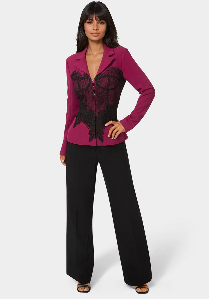 Front View-Tailored Lace Corset Illusion Blazer-BERRY KISS