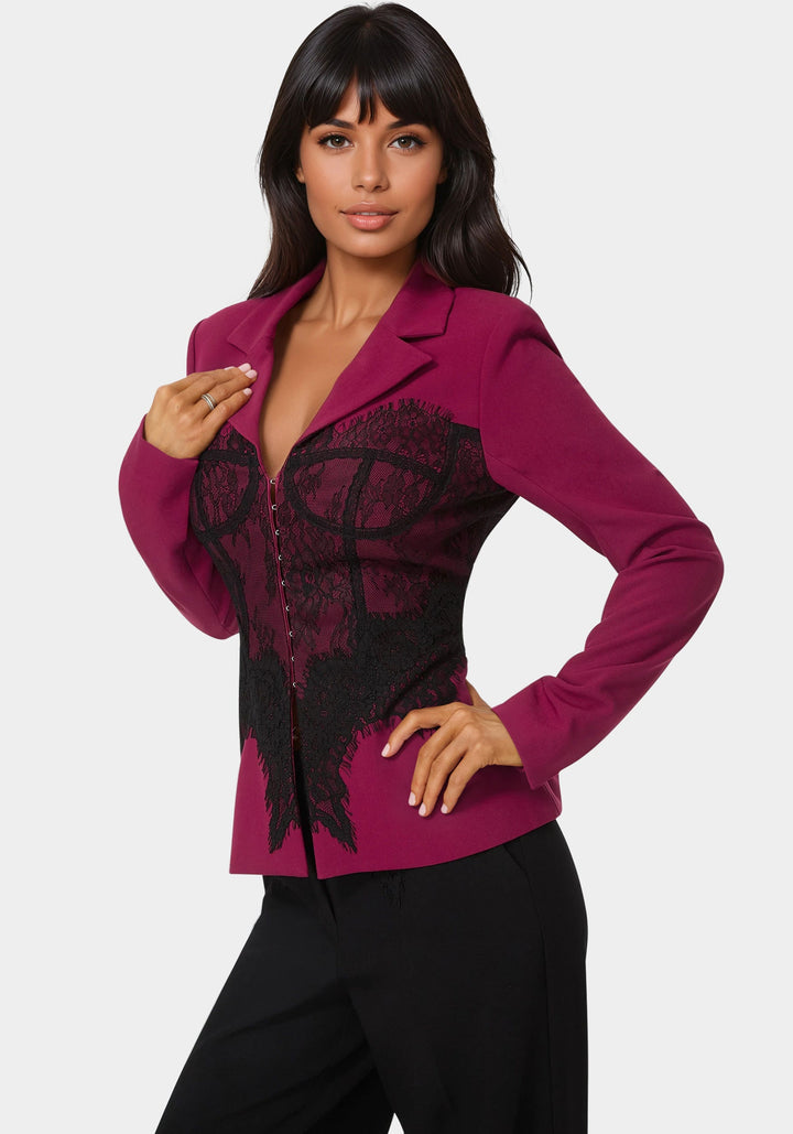 Side View-Tailored Lace Corset Illusion Blazer-BERRY KISS