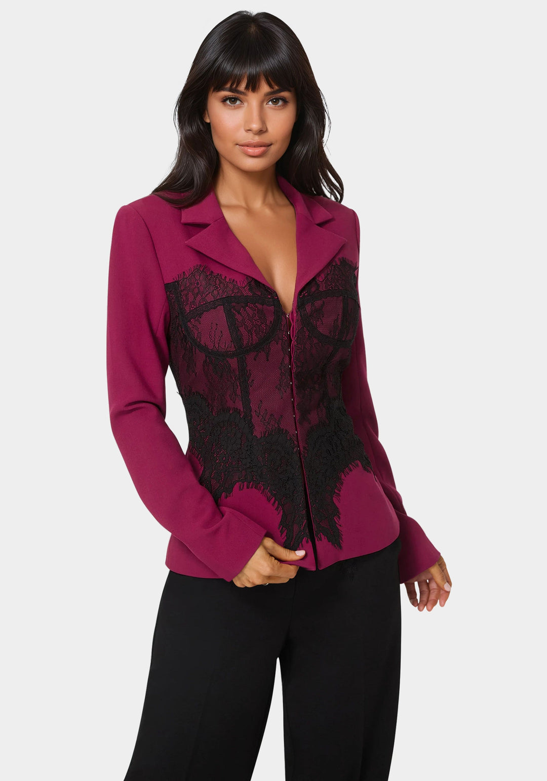 Detail View-Tailored Lace Corset Illusion Blazer-BERRY KISS