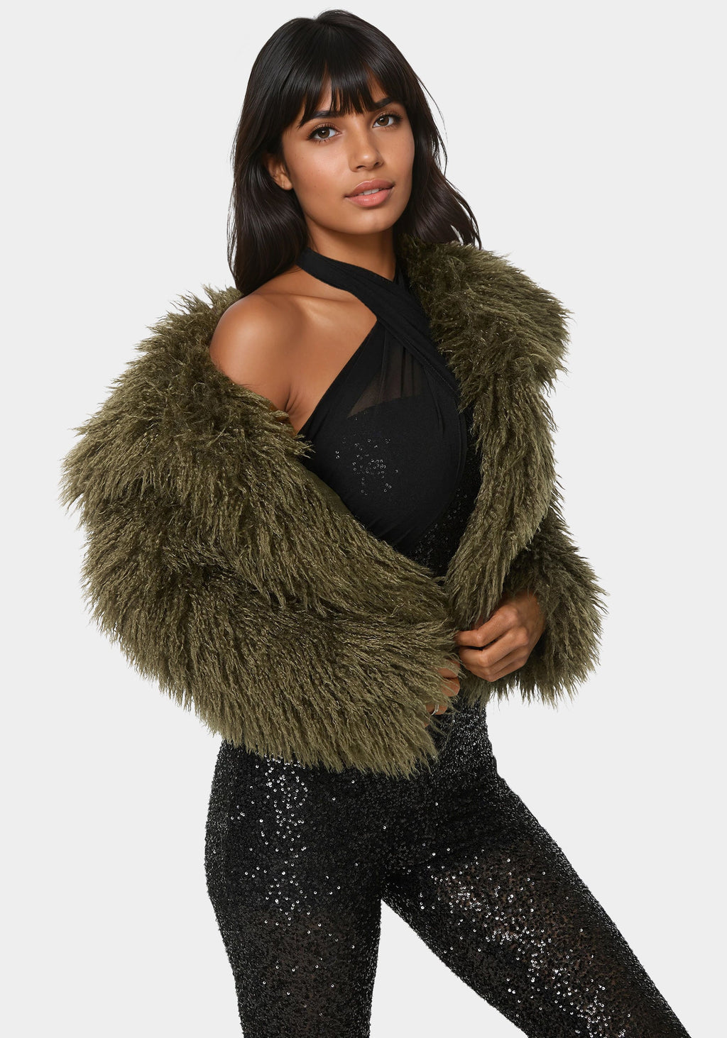 Side View-Luxurious Faux Fur Jacket-OLIVE