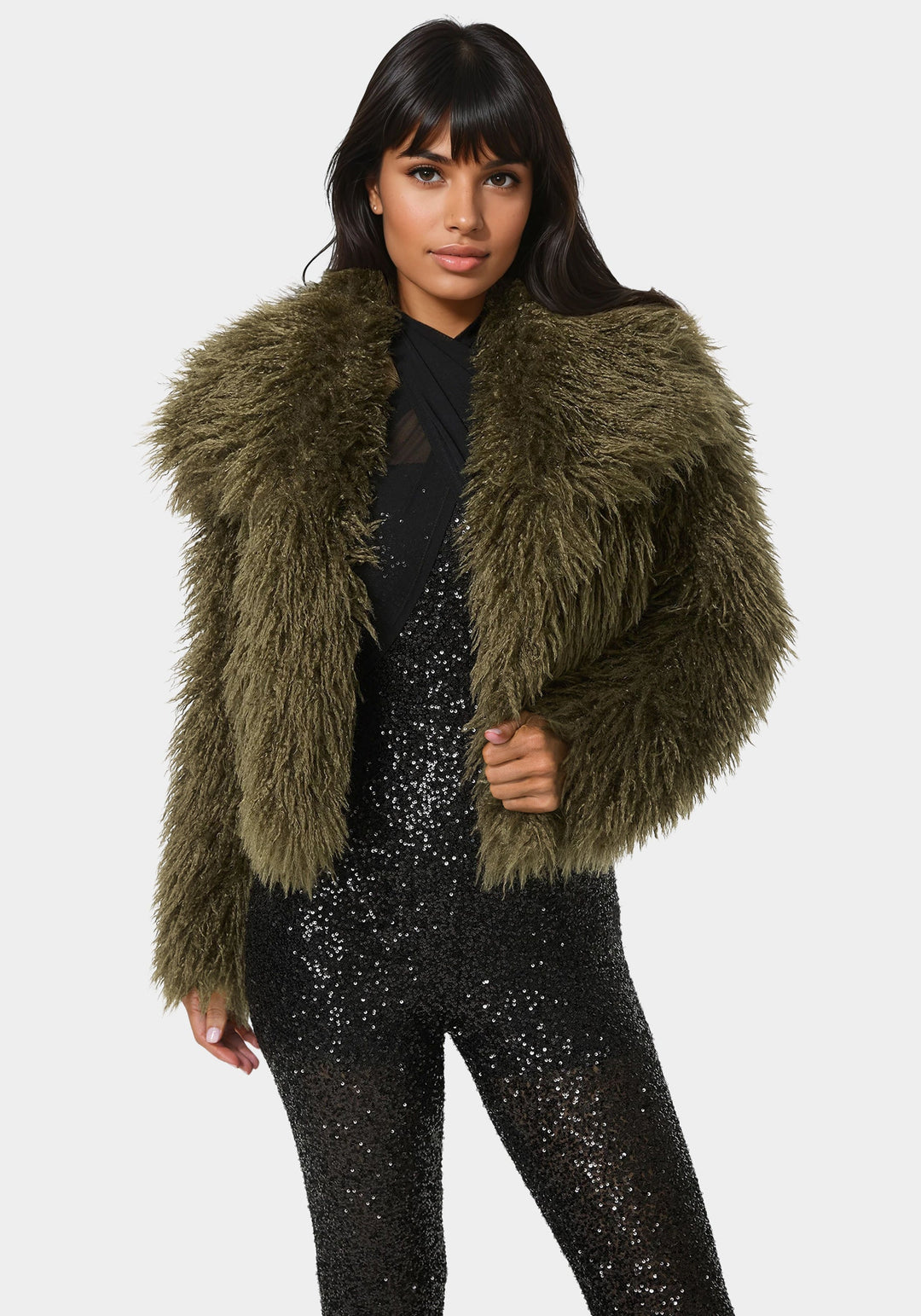 Front View-Luxurious Faux Fur Jacket-OLIVE