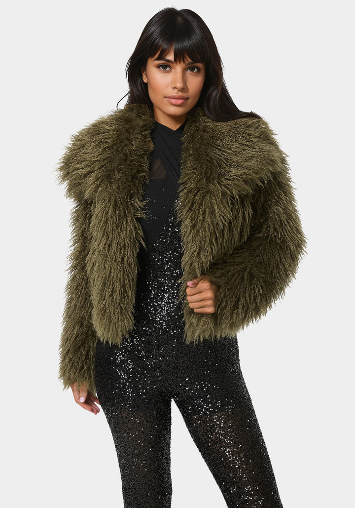 Front View-Luxurious Faux Fur Jacket-OLIVE