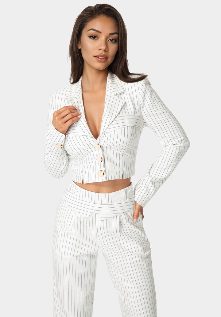 Front View-Tailored Cropped Pinstripe Blazer-White Alyssum Pinstripe